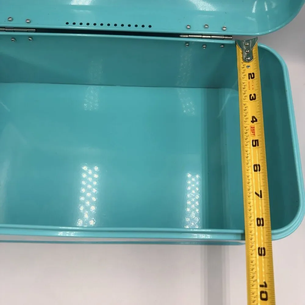 Turquoise Metal Bread Box Hinged Lid Retro Farmhouse Kitchen Storage 16.5”